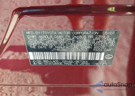 2007 Lexus Es 350 from USA, damaged, VIN JTHBJ46G172134353